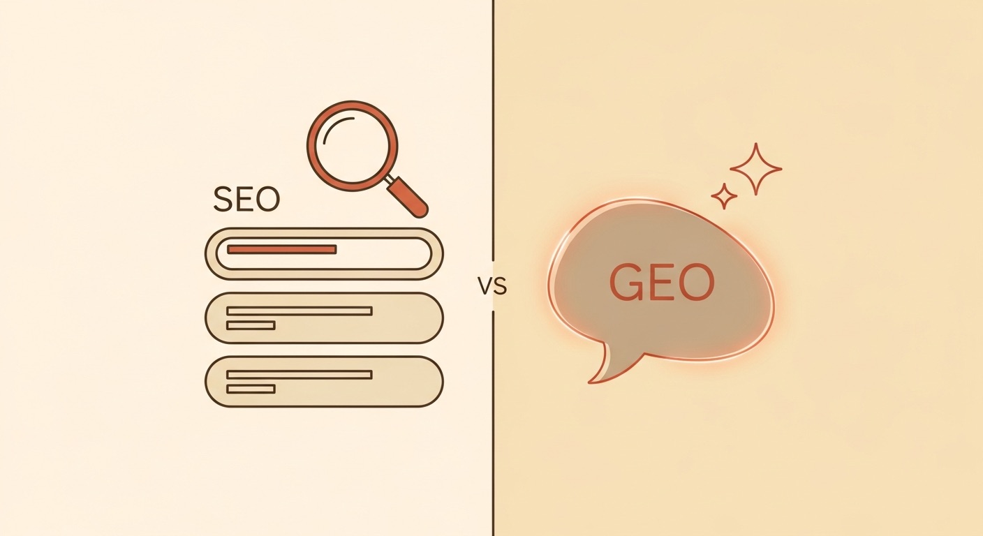 Vergleich SEO und GEO: klassische Suchergebnisliste gegenüber einer KI-Sprechblase