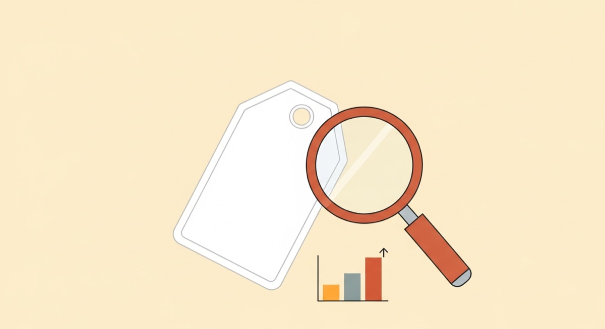 Illustration zu White Label SEO: ein leeres Label-Tag mit Lupe und Wachstums-Chart