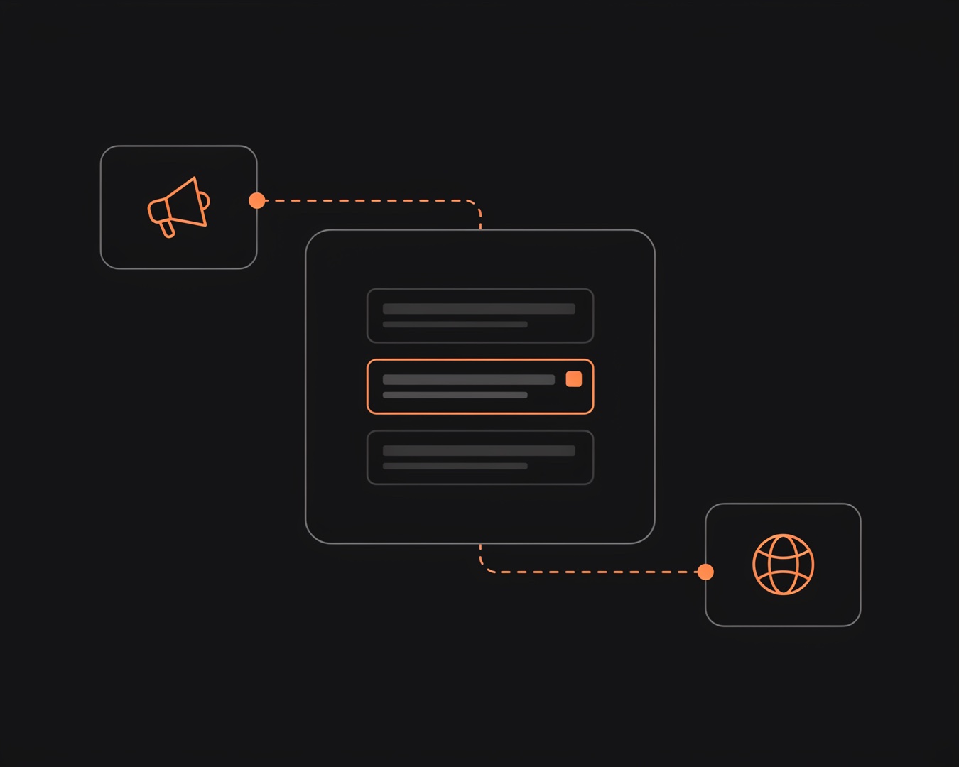 Dunkles Flat-UI: Chatverlauf aus grauen Nachrichten, dazwischen ein orange umrandeter Block mit Werbemarkierung, daneben Megafon und Globus